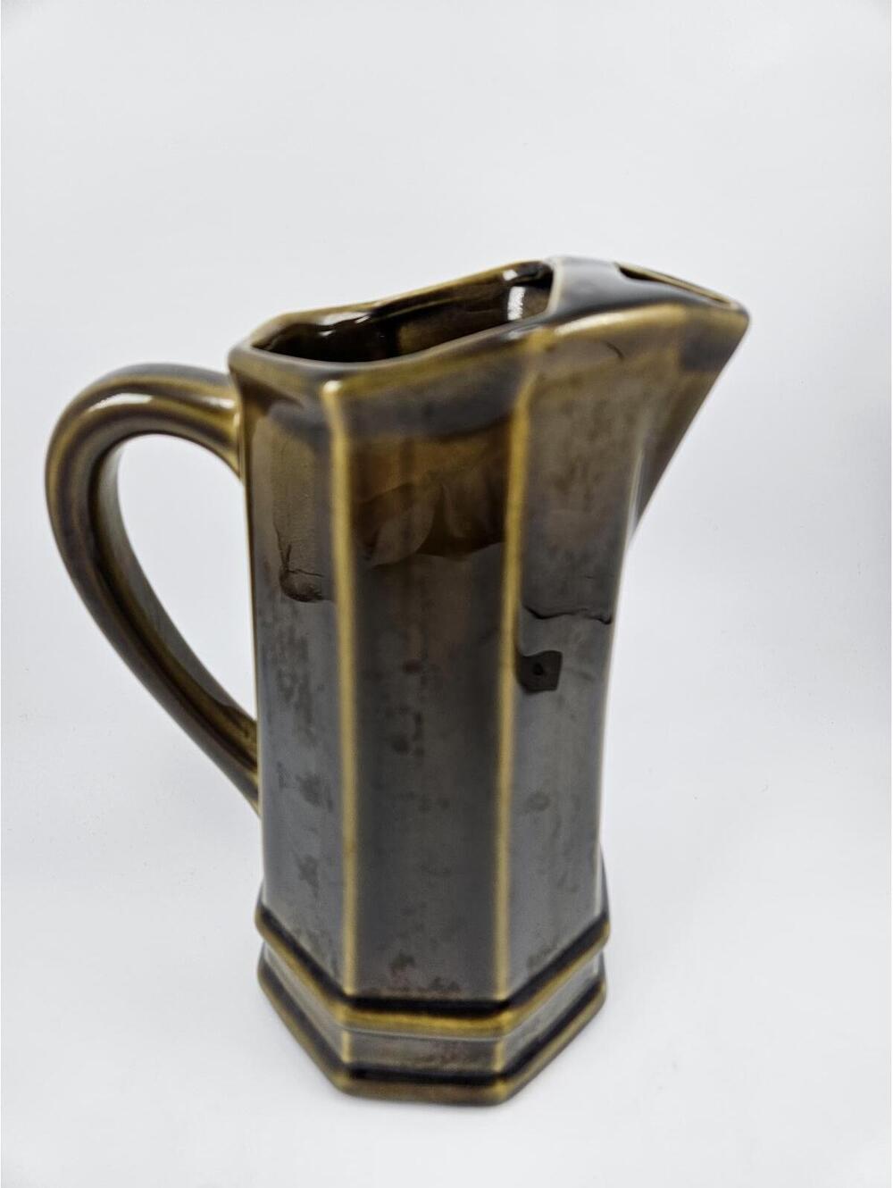 Vintage Pfaltzgraff USA Trumpet Pitcher Mug Hexagonal Base, Antique Green Glaze